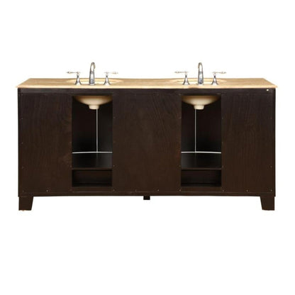 Silkroad Exclusive 72" Double Sink Dark Espresso Bathroom Vanity With Travertine Countertop and Ivory Ceramic Undermount Sink