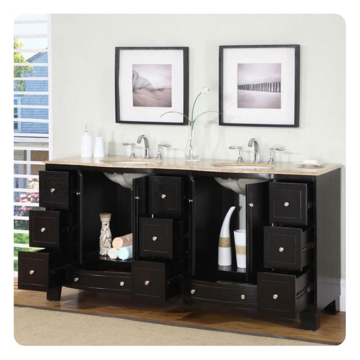 Silkroad Exclusive 72" Double Sink Dark Espresso Bathroom Vanity With Travertine Countertop and Ivory Ceramic Undermount Sink