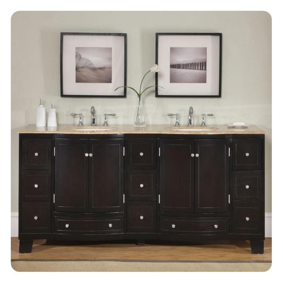 Silkroad Exclusive 72" Double Sink Dark Espresso Bathroom Vanity With Travertine Countertop and Ivory Ceramic Undermount Sink