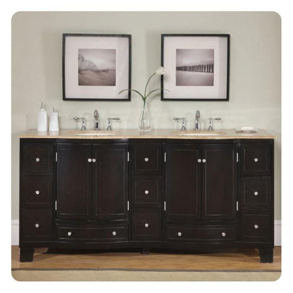 Silkroad Exclusive 72" Double Sink Dark Espresso Bathroom Vanity With Travertine Countertop and Ivory Ceramic Undermount Sink