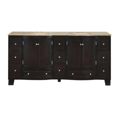 Silkroad Exclusive 72" Double Sink Dark Espresso Bathroom Vanity With Travertine Countertop and Ivory Ceramic Undermount Sink