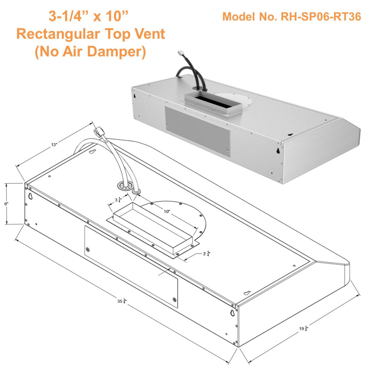 Awoco RH-SP06-RT Super Quiet Split Stainless Steel Range Hood, 4 Speeds, 800CFM, Rectangular Top Vent with LED Lights - RH-SP06-RT30