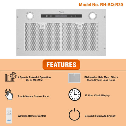 Awoco RH-BQ-R 14-1/2”D Built-in/Insert Stainless Steel Range Hood, 4-Speed, 650 CFM, LED Lights, Baffle Filters for Wood Hood - RH-BQ-R30