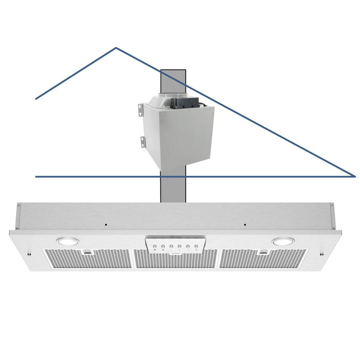 Awoco RH-IT06-M 14-1/2"D Super Quiet Split Insert Stainless Steel Range Hood, 4 Speeds With A 6" Blower Unit, 800CFM, Mesh Filters, LED Lights - RH-IT06-M30-COLD-MESH
