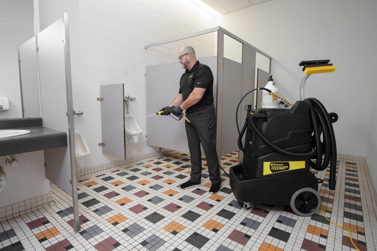 Tornado Touchless Restroom Cleaning Machine, 15 Gallon, Adjustable 500 PSI, 40' Solution Hose, 25' Vacuum Hoses, Chemical Metering - TP490-G15-U