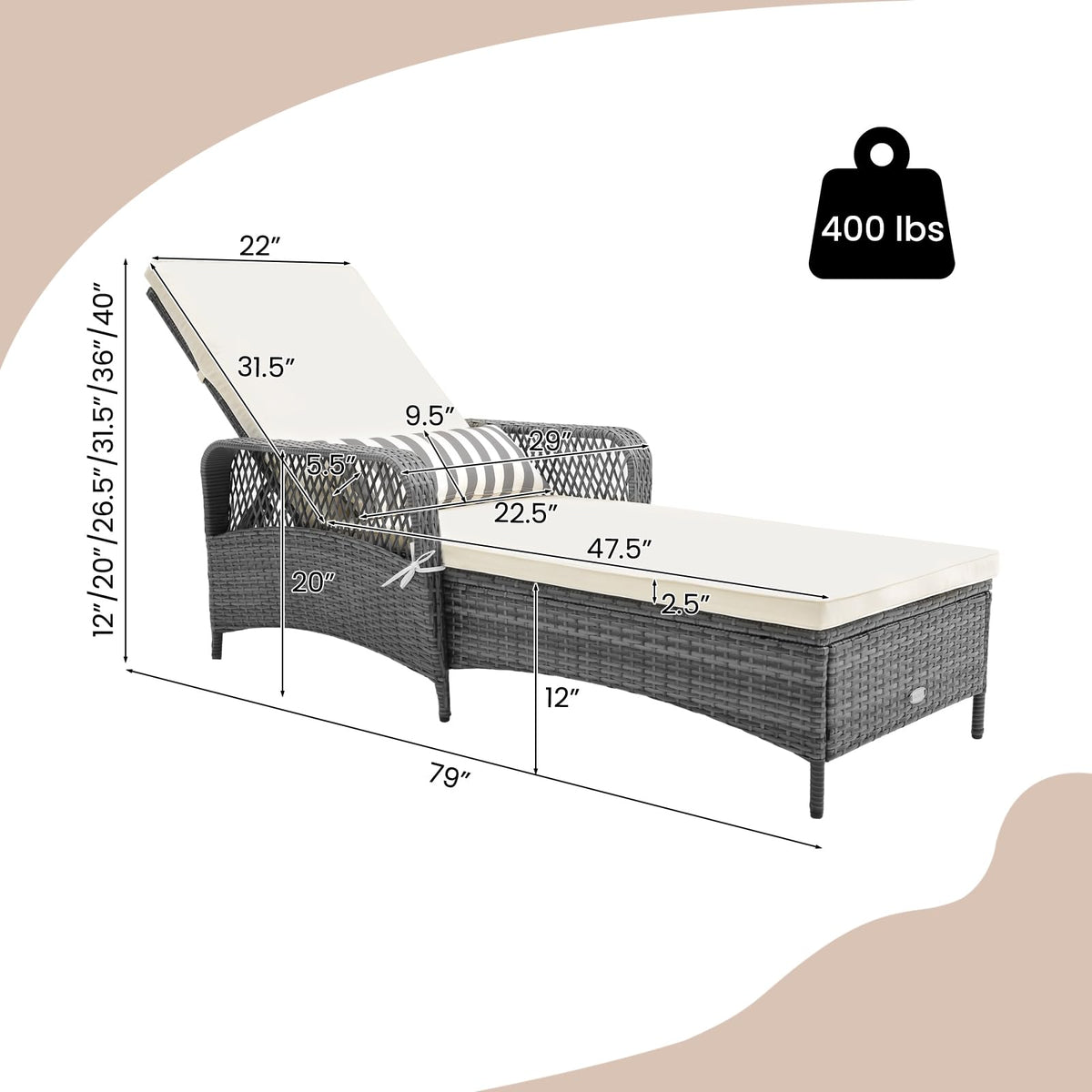 Tangkula Outdoor Chaise Lounge, Patio PE Recliner with 6-Level Backrest - HW71246