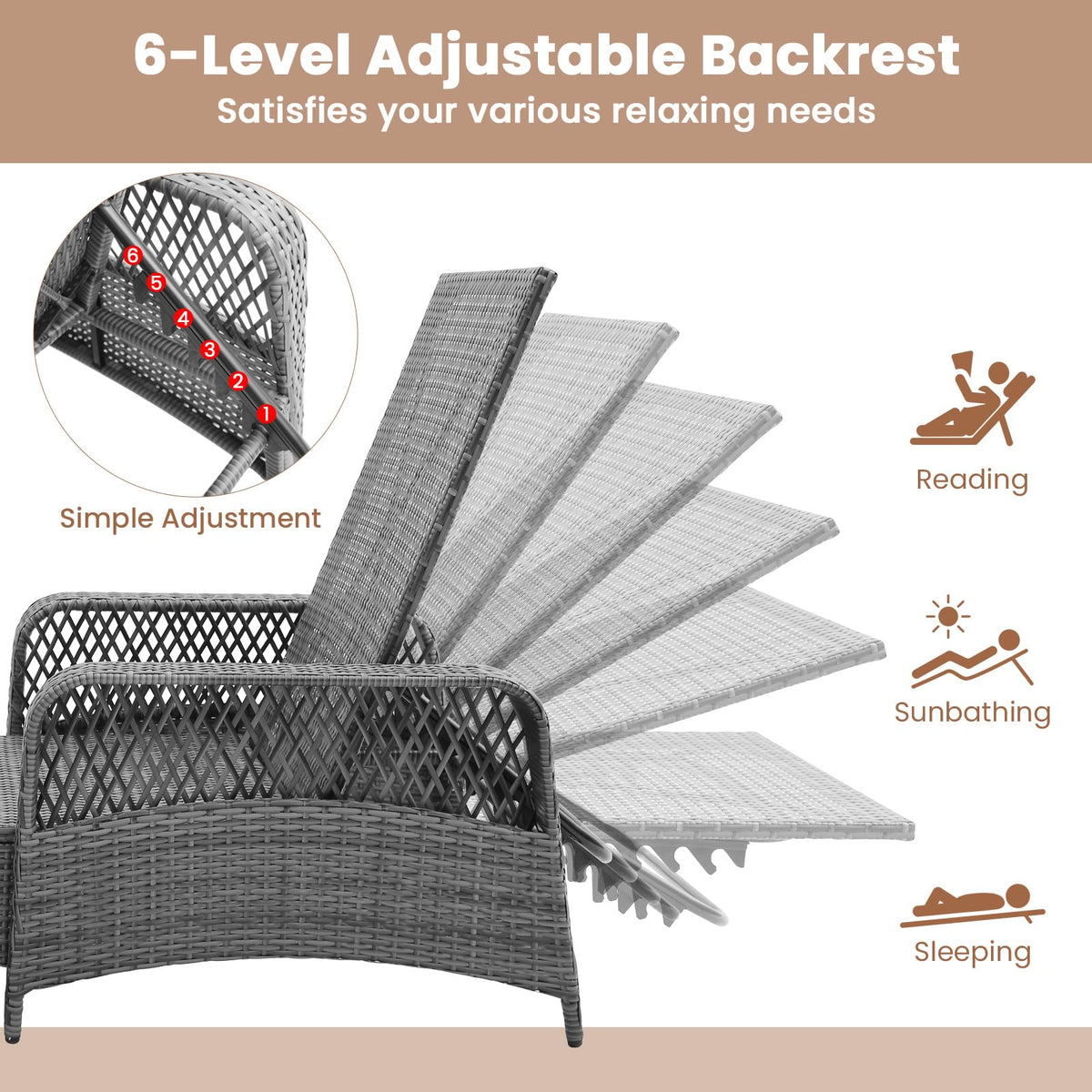 Tangkula Outdoor Chaise Lounge, Patio PE Recliner with 6-Level Backrest - HW71246
