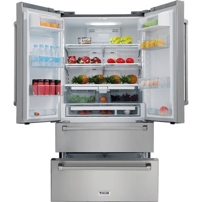 Thor Kitchen Appliance Package - 36 in. Natural Gas Range, Range Hood, Microwave Drawer, Refrigerator, Dishwasher, Wine Cooler, AP-LRG3601U-8