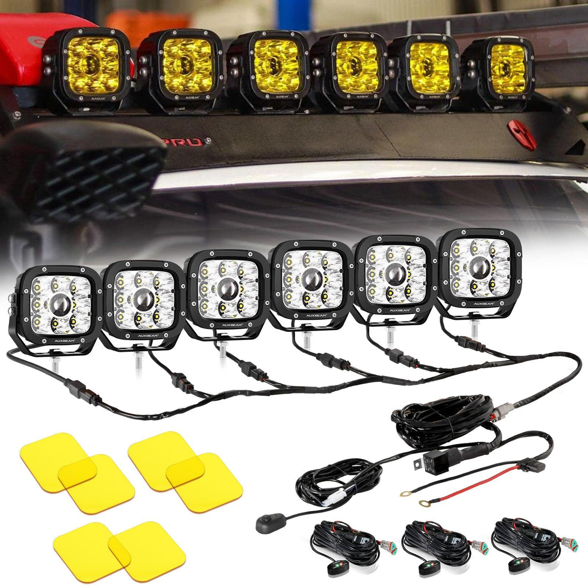 Auxbeam 6/8Pcs 5 Inch 132W Amber DRL LED Pod Lights with Power Harness - GP00011297