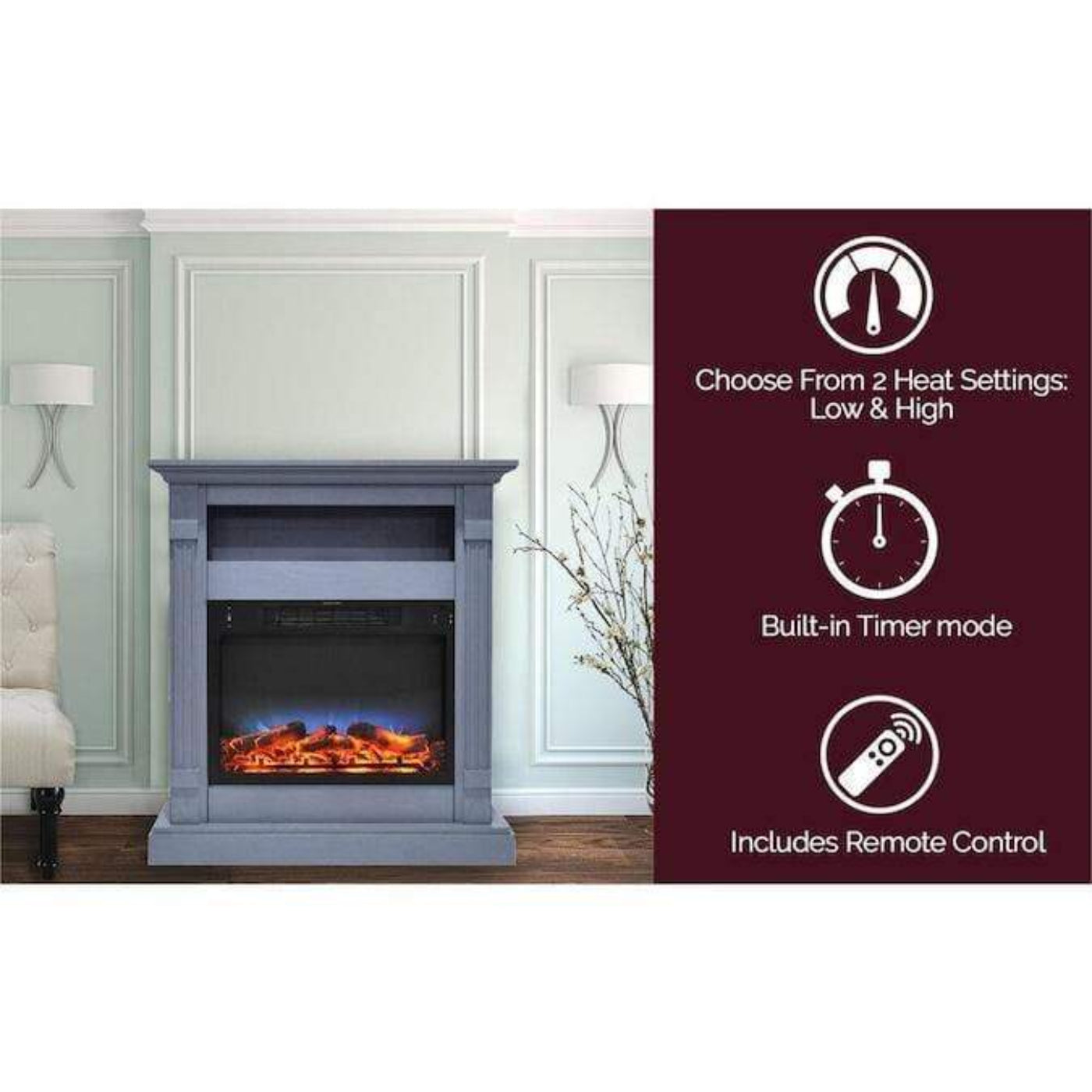 Cambridge Sienna 34-in Electric Fireplace Heater with Slate Blue Mantel, Enhanced Log Display, Multi-Color Flames, and Remote Control - CAM3437-1SBLLG3