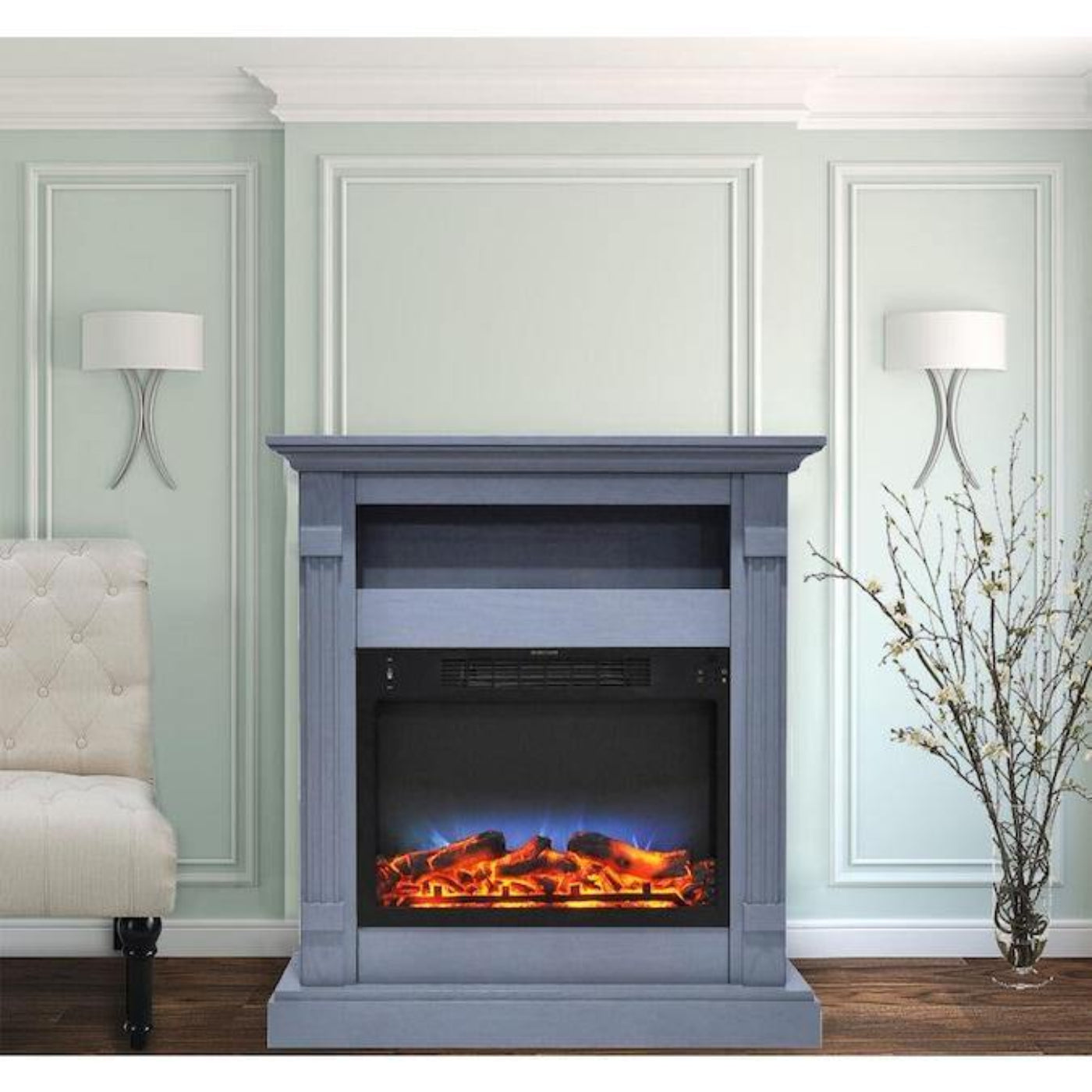 Cambridge Sienna 34-in Electric Fireplace Heater with Slate Blue Mantel, Enhanced Log Display, Multi-Color Flames, and Remote Control - CAM3437-1SBLLG3