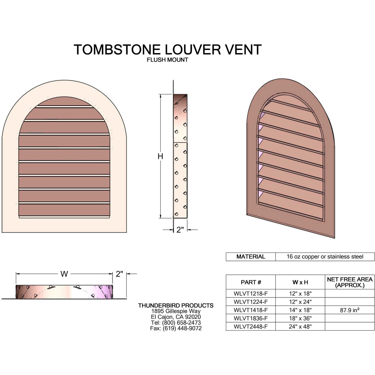 Copperlab Copper Tombstone Louvered Gable Wall Vent -WLVT1218F