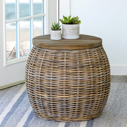 Park Hill Collection Rattan Side Table with Removable Teak Top - EFT16008