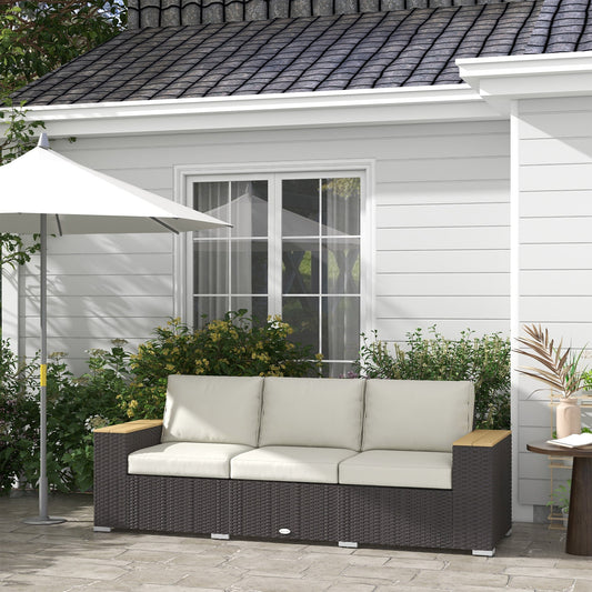 Outsunny 3-Seat Outdoor PE Wicker Sofa with Cushions, Wide Armrests, Beige - 860-304V00BN