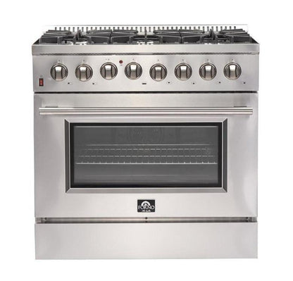 Forno 4-Piece Appliance Package - 36-Inch Dual Fuel Range, Refrigerator, 24-Inch Microwave Oven, & 3-Rack Dishwasher in Stainless Steel - AP4-6156-36-MWO
