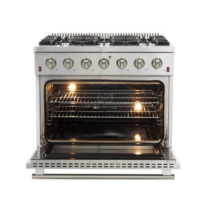 Forno 4-Piece Appliance Package - 36-Inch Gas Range, Refrigerator, 24-Inch Microwave Oven, & 3-Rack Dishwasher in Stainless Steel - AP4-6244-36-MWO