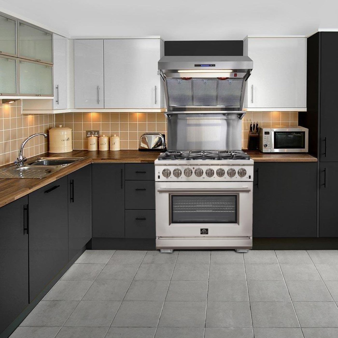 Forno 5-Piece Appliance Package - 36-Inch Dual Fuel Range, Refrigerator, Wall Mount Hood with Backsplash, 24-Inch Microwave Oven, & 3-Rack Dishwasher in Stainless Steel - AP5-6156-36-MWO