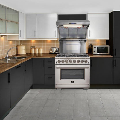 Forno 5-Piece Appliance Package - 36-Inch Dual Fuel Range, Refrigerator, Wall Mount Hood with Backsplash, 24-Inch Microwave Oven, & 3-Rack Dishwasher in Stainless Steel - AP5-6156-36-MWO