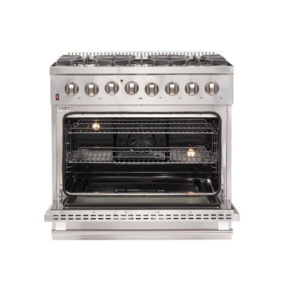 Forno 5-Piece Appliance Package - 36-Inch Dual Fuel Range, Refrigerator, Wall Mount Hood with Backsplash, 24-Inch Microwave Oven, & 3-Rack Dishwasher in Stainless Steel - AP5-6156-36-MWO