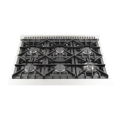 Forno 5-Piece Appliance Package - 36-Inch Gas Range, Refrigerator with Water Dispenser, W - APW5-6244-36-H-MWD - APW5-6244-36-H-MWDall Mount Hood, 24-Inch Microwave Drawer, & 3-Rack Dishwasher in Stainless Steel