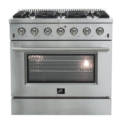 Forno 3-Piece Appliance Package - 36-Inch Gas Range, Refrigerator with Water Dispenser, & Wall Mount Hood in Stainless Steel - APW3-6244-36-H