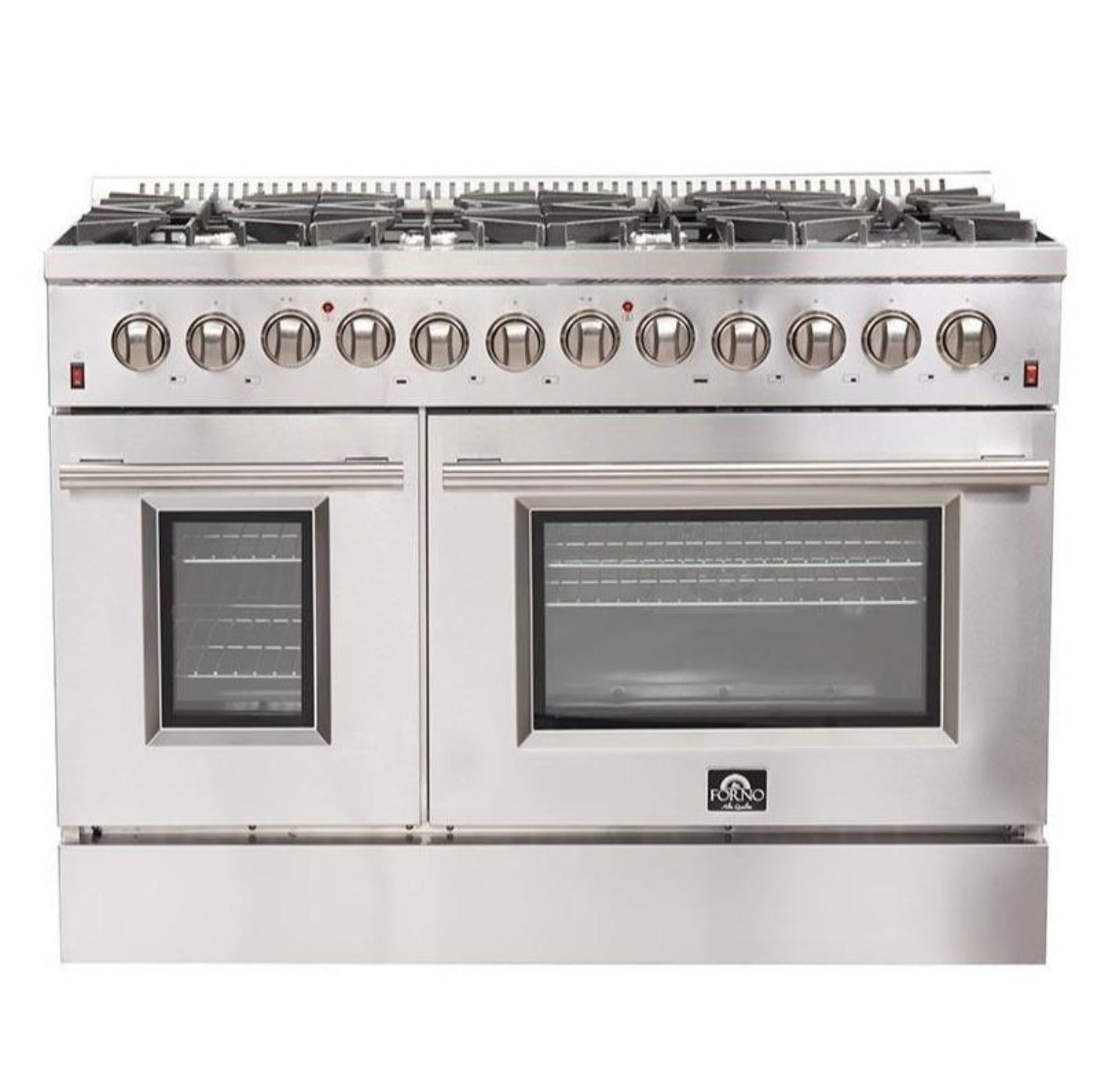 Forno 5-Piece Appliance Package - 48-Inch Dual Fuel Range, Refrigerator, Wall Mount Hood, 24-Inch Microwave Drawer, & 3-Rack Dishwasher in Stainless Steel - APR5-6156-48-H-MWD