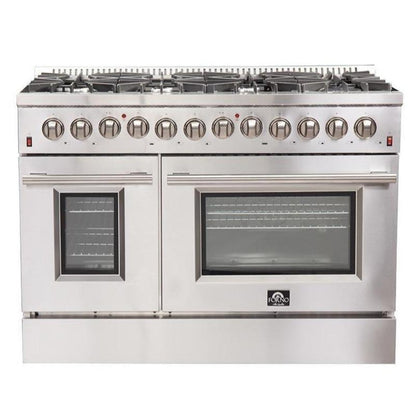 Forno 5-Piece Appliance Package - 48-Inch Dual Fuel Range, Refrigerator with Water Dispenser, Wall Mount Hood, 24-Inch Microwave Drawer, & 3-Rack Dishwasher in Stainless Steel - APW5-6156-48-H-MWD