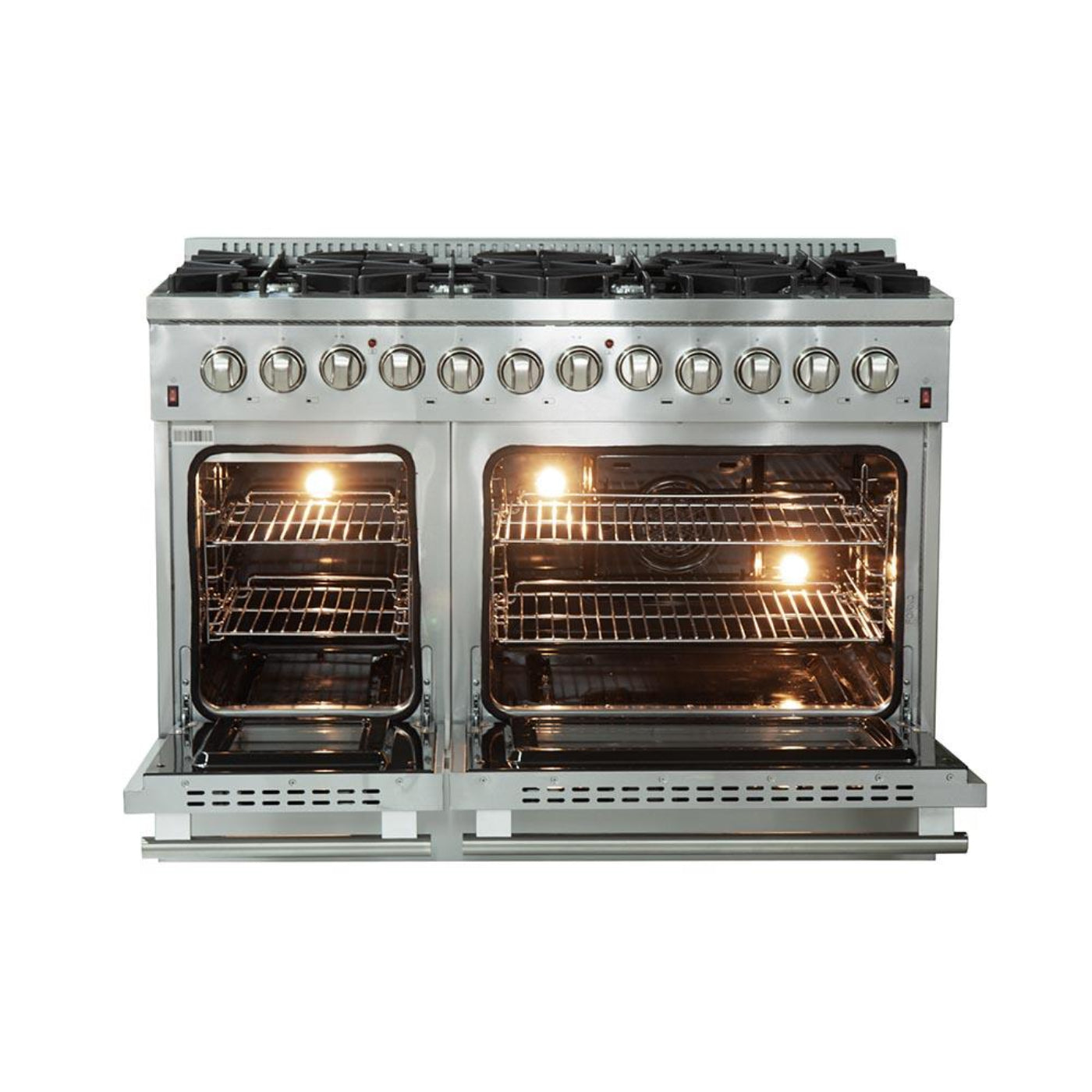 Forno 5-Piece Appliance Package - 48-Inch Dual Fuel Range, Refrigerator, Wall Mount Hood, 24-Inch Microwave Drawer, & 3-Rack Dishwasher in Stainless Steel - APR5-6156-48-H-MWD