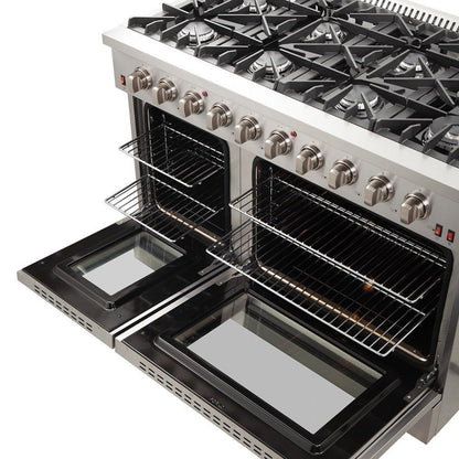 Forno 5-Piece Appliance Package - 48-Inch Gas Range, Refrigerator with Water Dispenser, Wall Mount Hood, 24-Inch Microwave Drawer, & 3-Rack Dishwasher in Stainless Steel - APW5-6244-48-H-MWD
