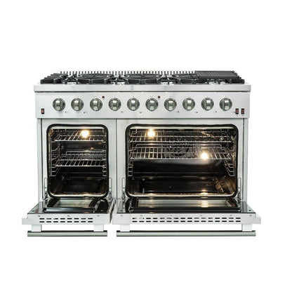 Forno 5-Piece Appliance Package - 48-Inch Gas Range, Refrigerator, Wall Mount Hood, 24-Inch Microwave Drawer, & 3-Rack Dishwasher in Stainless Steel - APR5-6244-48-H-MWD