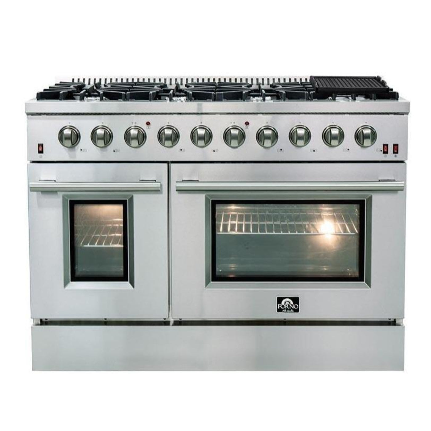 Forno 5-Piece Appliance Package - 48-Inch Gas Range, Refrigerator, Wall Mount Hood, 24-Inch Microwave Drawer, & 3-Rack Dishwasher in Stainless Steel - APR5-6244-48-H-MWD