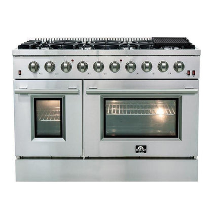 Forno 5-Piece Appliance Package - 48-Inch Gas Range, Refrigerator, Wall Mount Hood, 24-Inch Microwave Drawer, & 3-Rack Dishwasher in Stainless Steel - APR5-6244-48-H-MWD
