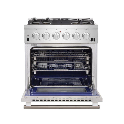 Forno 4-Piece Pro Appliance Package - 30-Inch Gas Range, 36-Inch Refrigerator Wall Mount Hood, & 3-Rack Dishwasher in Stainless Steel - APR4-6260-30-H