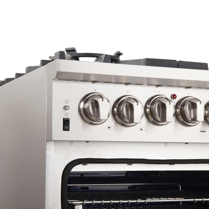 Forno 4-Piece Pro Appliance Package - 30-Inch Gas Range, 36-Inch Refrigerator Wall Mount Hood, & 3-Rack Dishwasher in Stainless Steel - APR4-6260-30-H