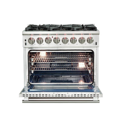 Forno 5-Piece Pro Appliance Package - 36-Inch Dual Fuel Range, Refrigerator, Wall Mount Hood, 24-Inch Microwave Oven, & 3-Rack Dishwasher in Stainless Steel - APR5-6187-36-H-MWO