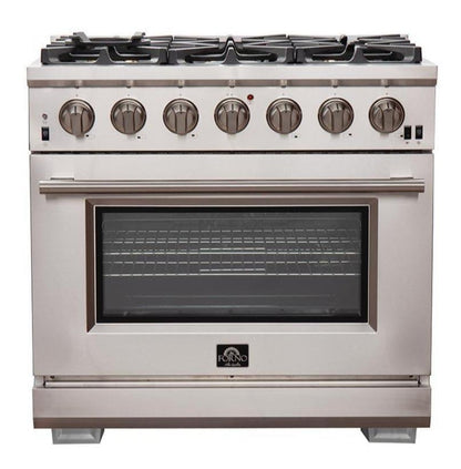Forno 5-Piece Pro Appliance Package - 36-Inch Gas Range, Refrigerator, Wall Mount Hood with Backsplash, 24-Inch Microwave Drawer, & 3-Rack Dishwasher in Stainless Steel - AP5-6260-36-MWD