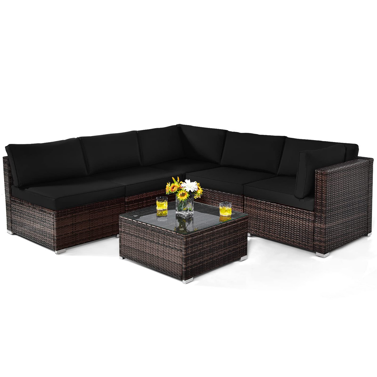 Tangkula 6 Pieces Patio Furniture Set, Outdoor Wicker Conversation Set with Glass Coffee Table - HW67937WH+