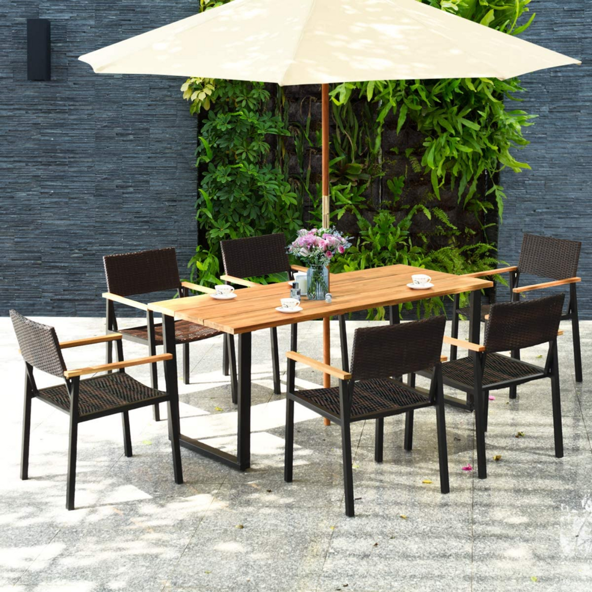 Tangkula 7 Pieces Outdoor Patio Dining Set, Patiojoy Outdoor Conversation Set - HW65219A+