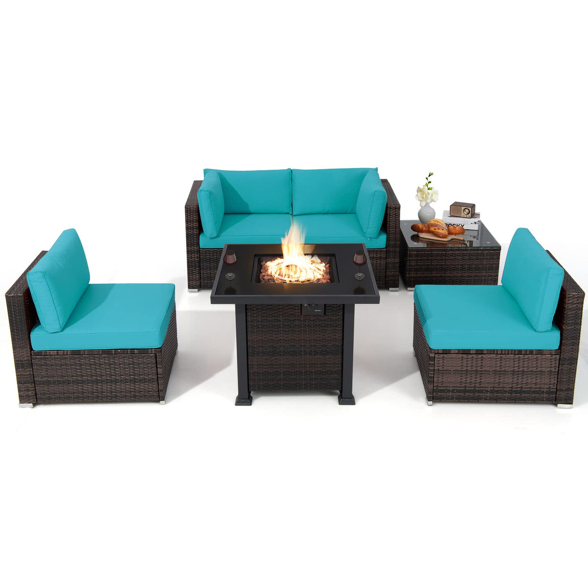 Tangkula 6 Piece Patio Wicker Conversation Set, Outdoor Rattan Sofa Set - NP10618CF+HW68691BDK+