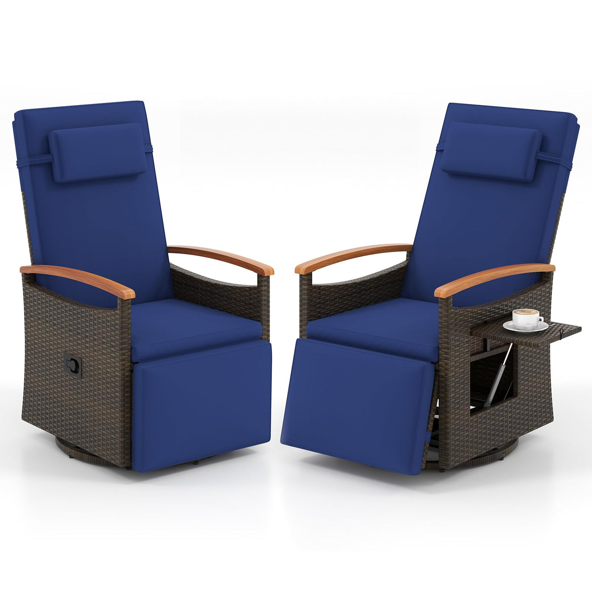 Tangkula Patio Rattan 360 Degree Swivel Recliner Chair, Wicker Lounge Chair w/Adjustable Backrest & Footrest - 2*HW72726BN