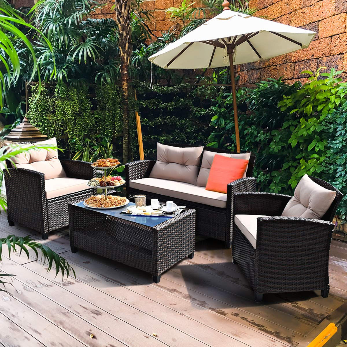 Tangkula 4-Piece Patio Furniture Set, Rattan Wicker Chair Set with 1 Loveseat, 2 Single Sofas - HW63217+
