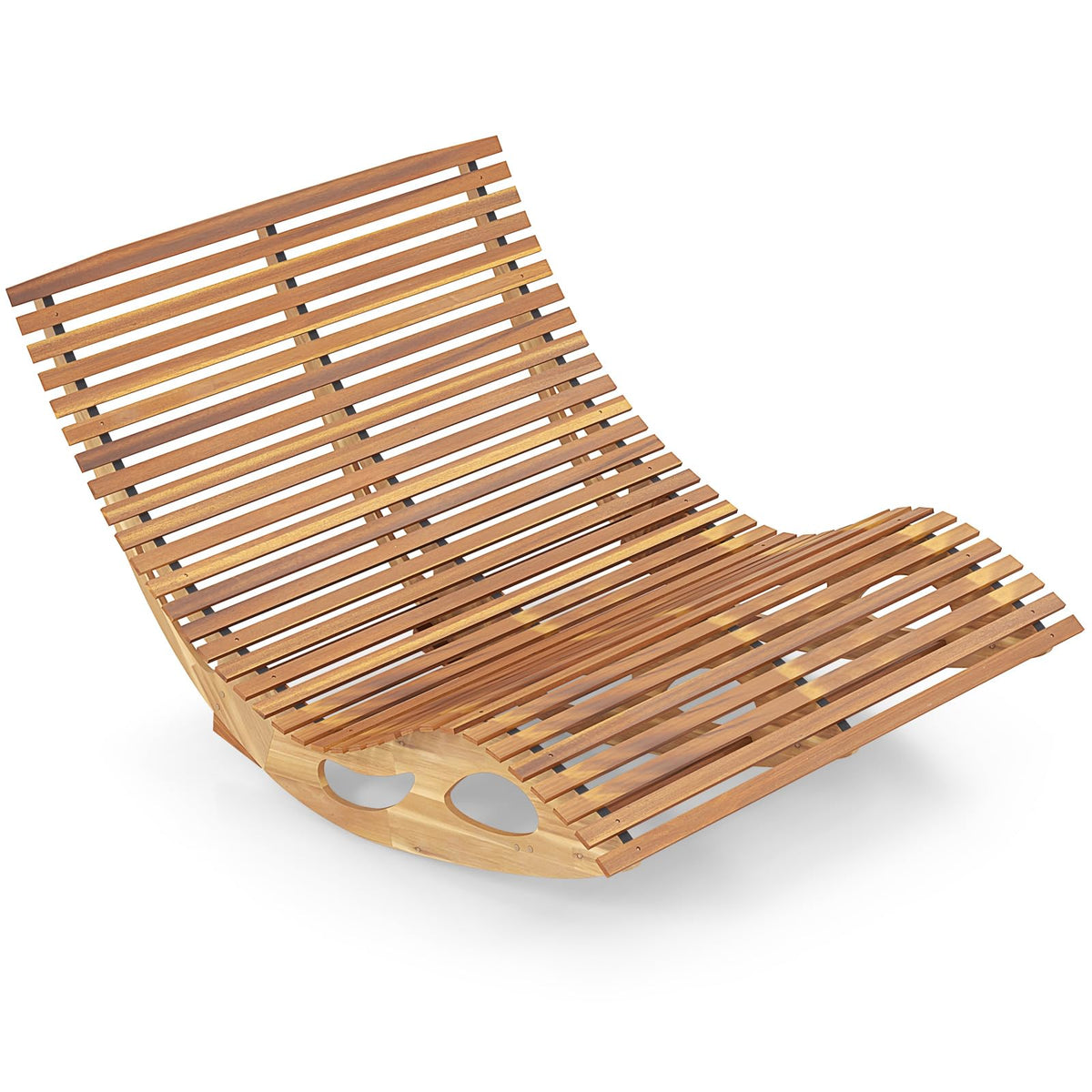 Tangkula Outdoor Double Chaise Lounge Chair, Acacia Wood Rocking Sunbed with Slatted Backrest and Seat - NP12023