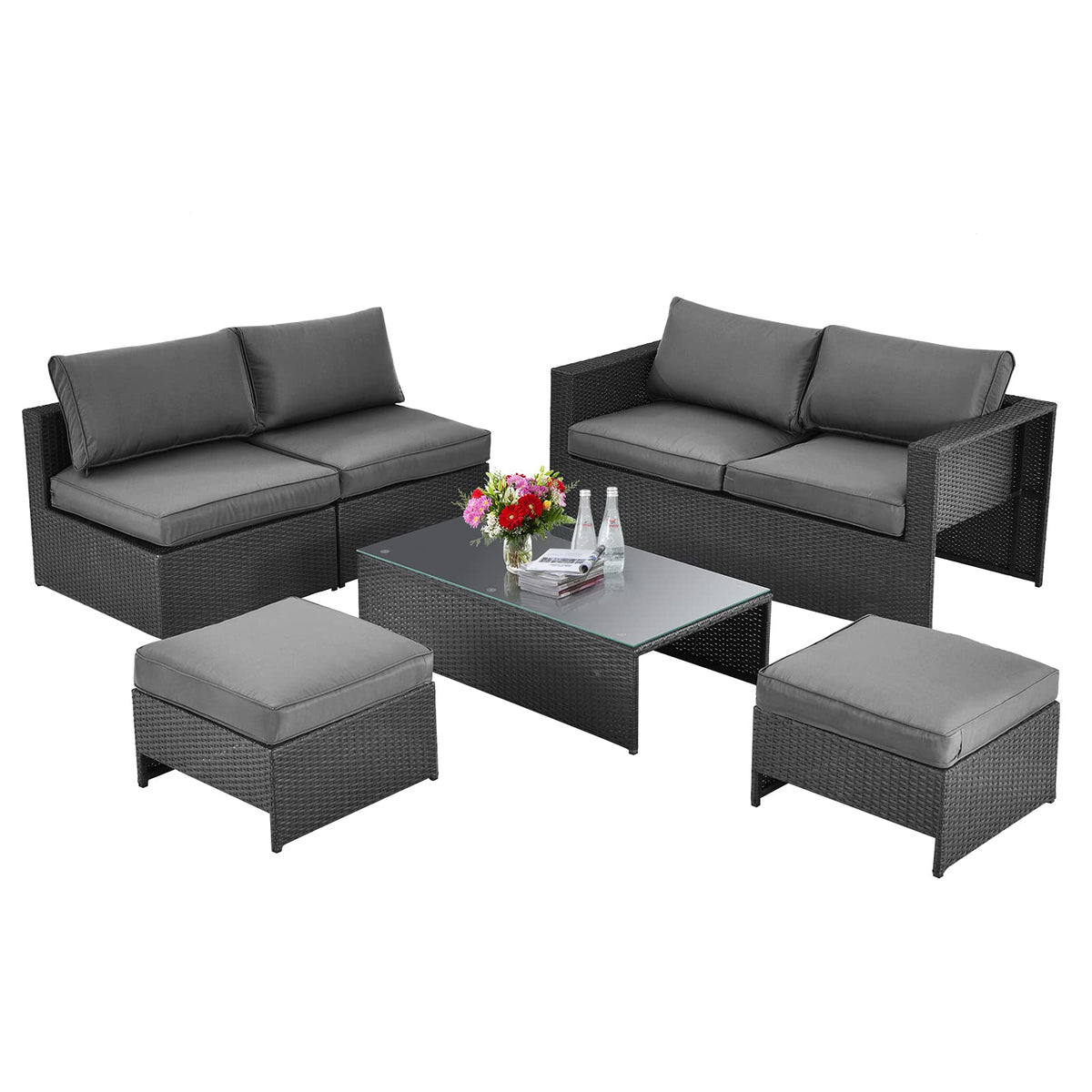 Tangkula 6 Pieces Patio Rattan Furniture Set, Patiojoy No Assembly Outdoor Conversation Set - NP10110WL-GR