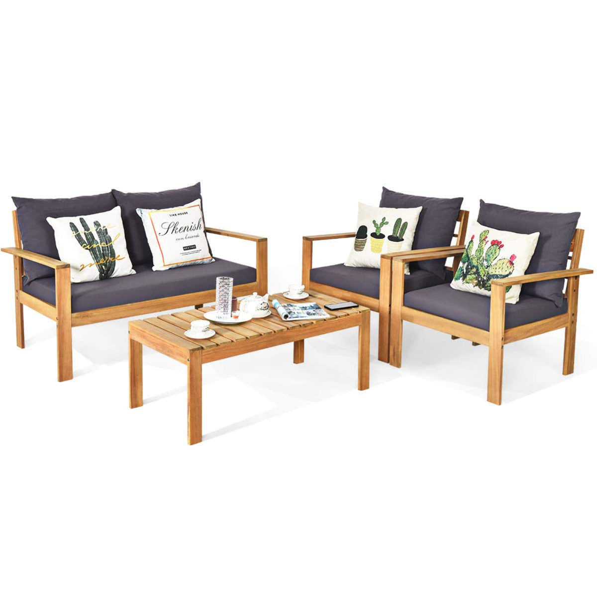 Tangkula Outdoor Conversation Sofa and Table Set with Water Resistant Cushions - HW64146+