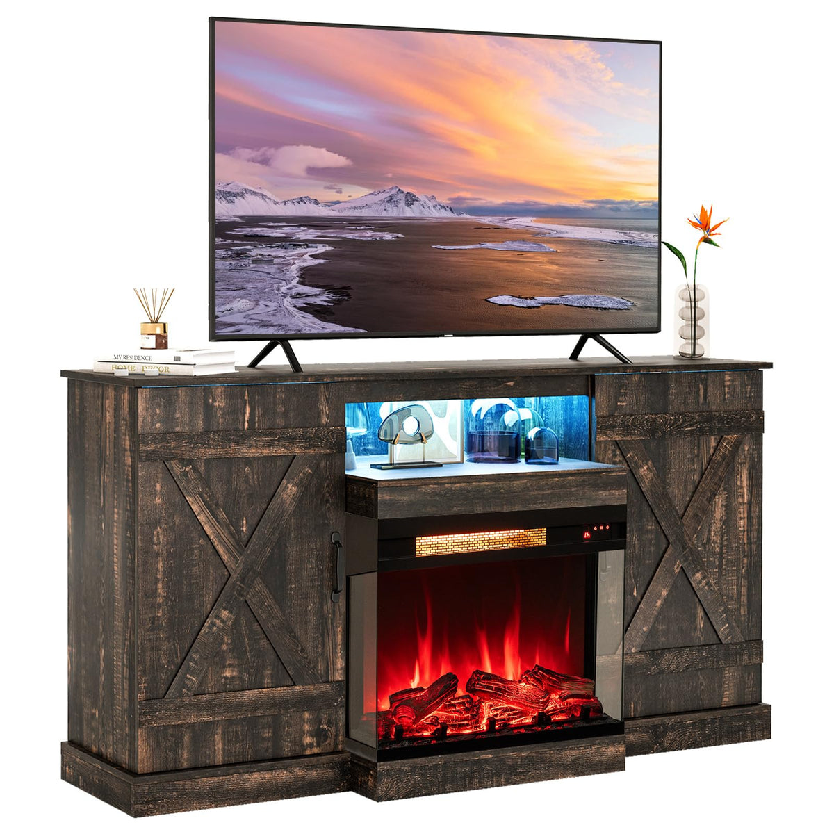 Tangkula 58” Fireplace TV Stand with 23” 3-Side Glass Electric Fireplace - HV10482CF+FP10806US-BK