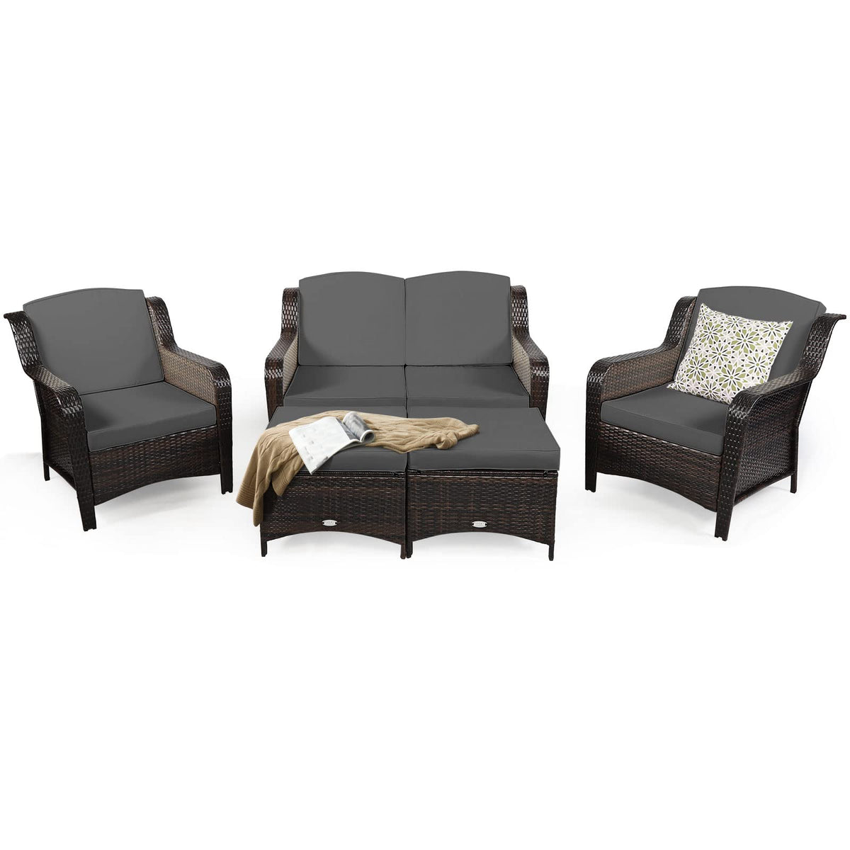 Tangkula 5 Pieces Patio Furniture Set, Outdoor Rattan Conversation Sofa Set with Loveseat - HW67702TU+