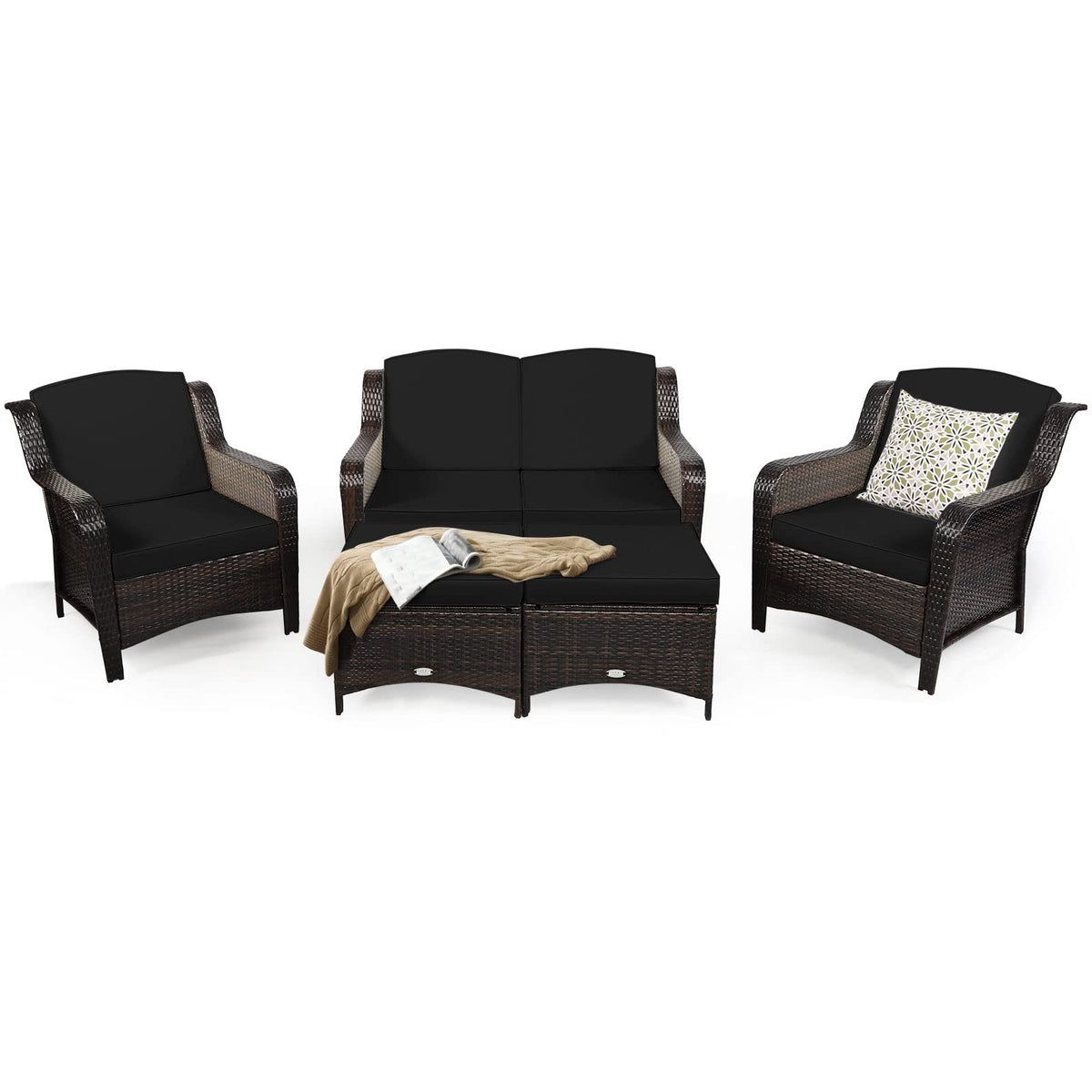 Tangkula 5 Pieces Patio Furniture Set, Outdoor Rattan Conversation Sofa Set with Loveseat - HW67702TU+