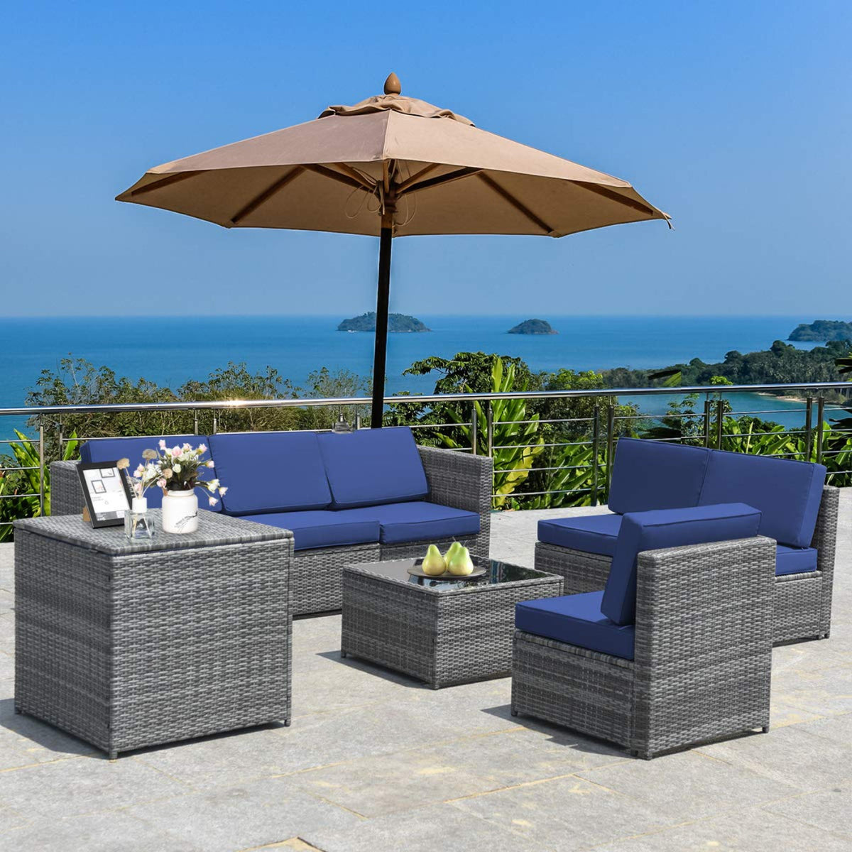 Tangkula 8 PCS Outdoor Patio Furniture Set, Rattan Wicker Sofa Set - HW65782BK+