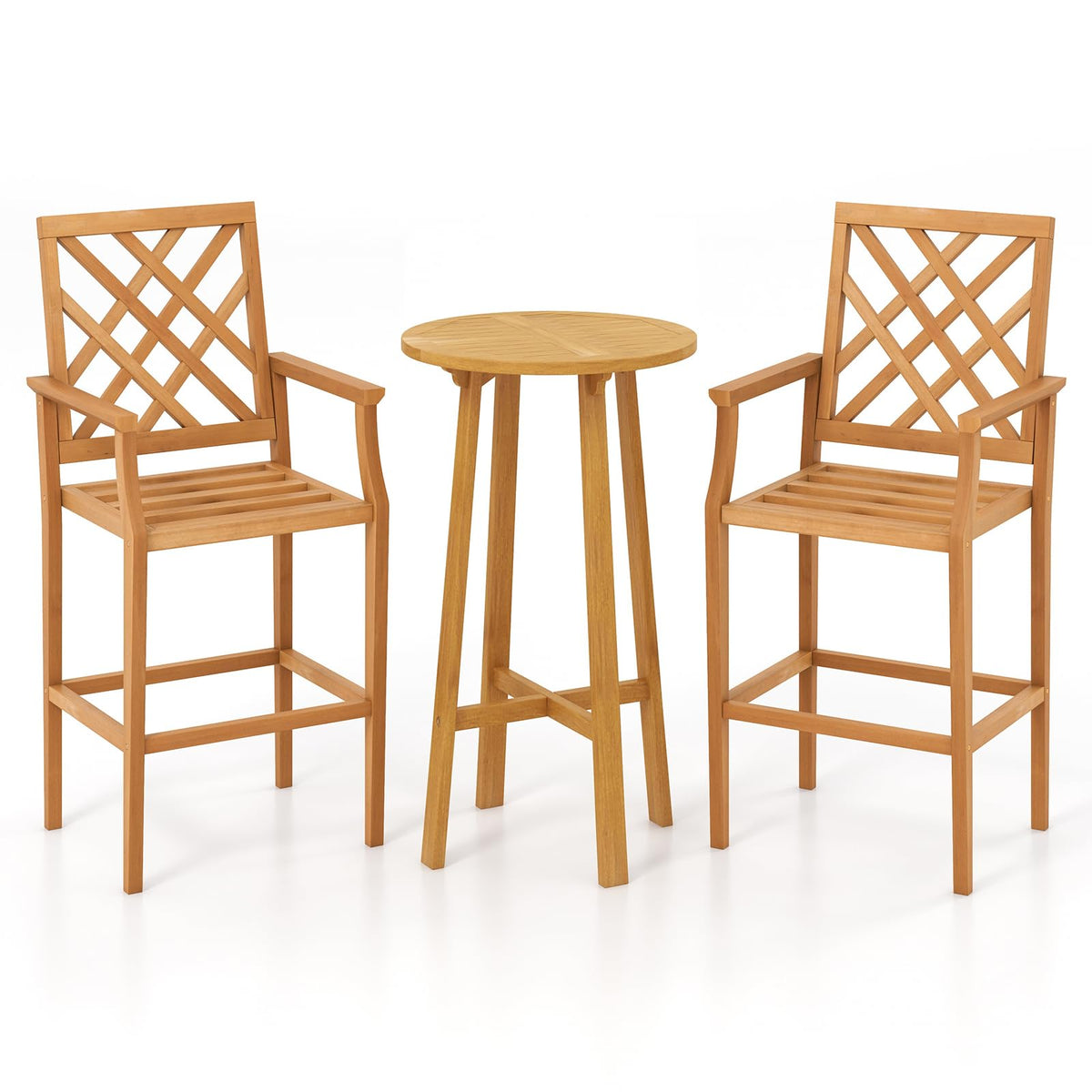 Tangkula 3 Piece Patio Bar Set, Teak Wood Bistro Furniture with Backrest, Armrests & Footrest - 2*JV11957+JV11903