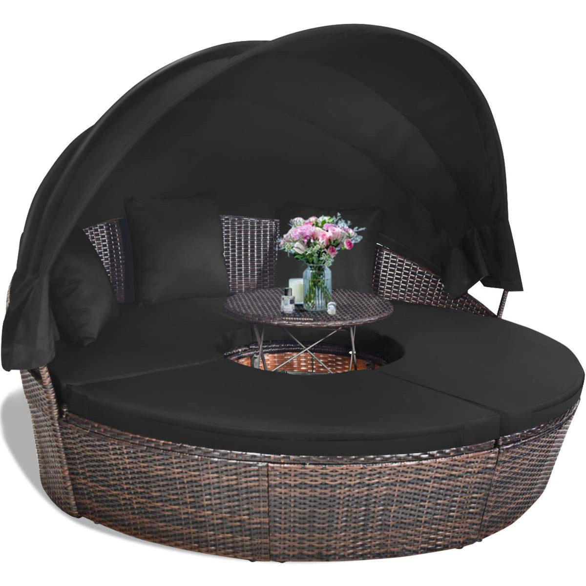 Tangkula Patio Round Daybed with Retractable Canopy, Outdoor Wicker Rattan Furniture Sets - HW63763+